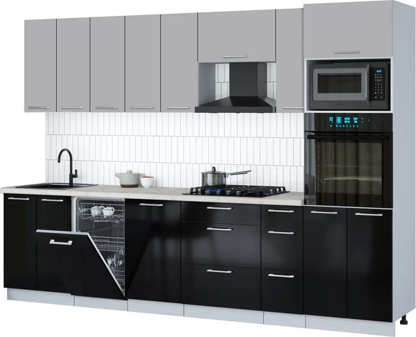 Изображение товара Кухонный гарнитур Интерлиния Мила Gloss 3.0-ПМ3 (черный глянец/грей/бискайская сосна)