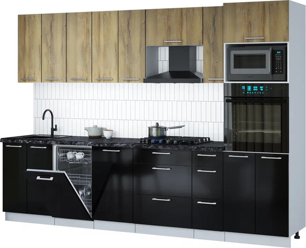 Изображение товара Кухонный гарнитур Интерлиния Мила Gloss 3.0-ПМ3 (черный глянец/дуб вотан/кастилло темный)