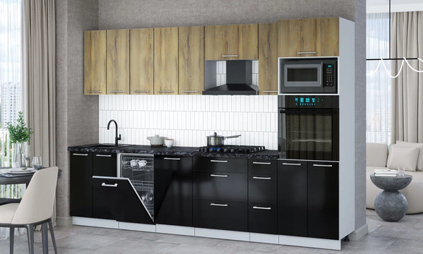 Изображение товара Кухонный гарнитур Интерлиния Мила Gloss 3.0-ПМ3 (черный глянец/дуб вотан/кастилло темный)