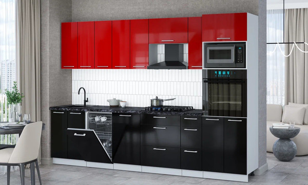 Изображение товара Кухонный гарнитур Интерлиния Мила Gloss 3.0-ПМ3 (черный глянец/красный глянец/кастилло темный)