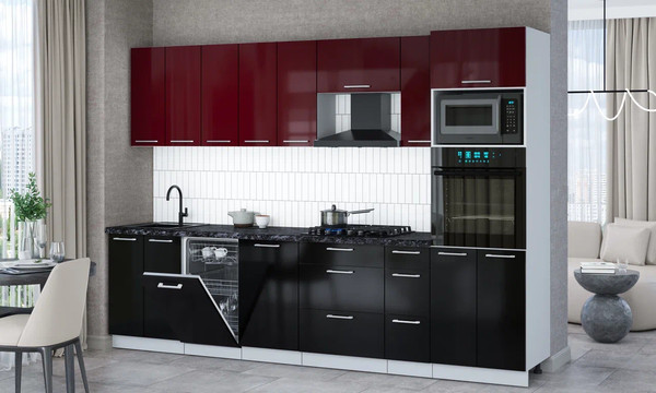 Изображение товара Кухонный гарнитур Интерлиния Мила Gloss 3.0-ПМ3 (черный глянец/бордовый глянец/кастилло темный)