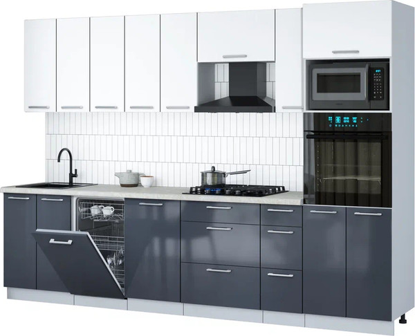Изображение товара Кухонный гарнитур Интерлиния Мила Gloss 3.0-ПМ3 (асфальт глянец/белый/опал светлый)