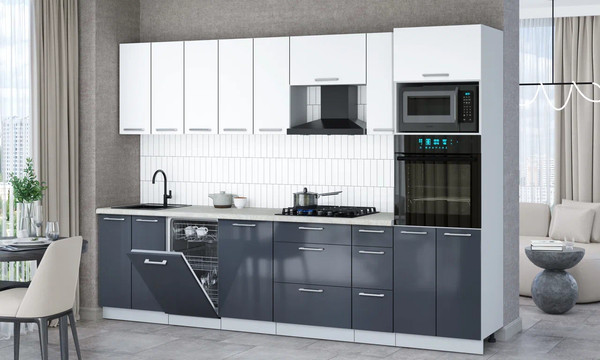 Изображение товара Кухонный гарнитур Интерлиния Мила Gloss 3.0-ПМ3 (асфальт глянец/белый/опал светлый)