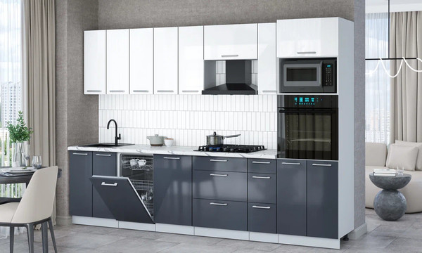 Изображение товара Кухонный гарнитур Интерлиния Мила Gloss 3.0-ПМ3 (асфальт глянец/белый глянец/белый гранит)