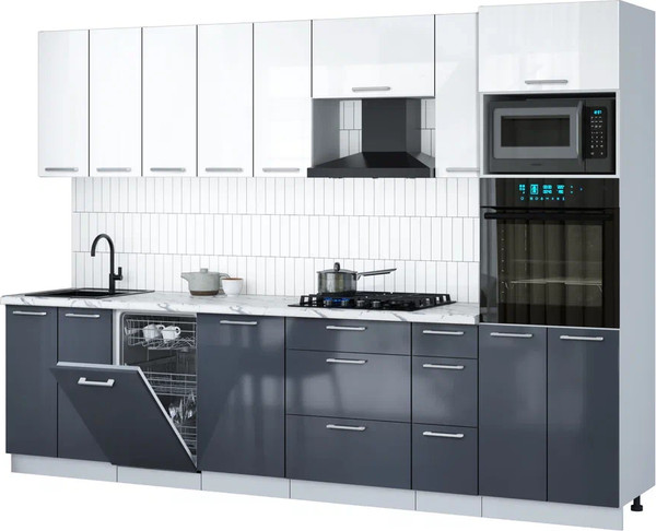 Изображение товара Кухонный гарнитур Интерлиния Мила Gloss 3.0-ПМ3 (асфальт глянец/белый глянец/белый гранит)