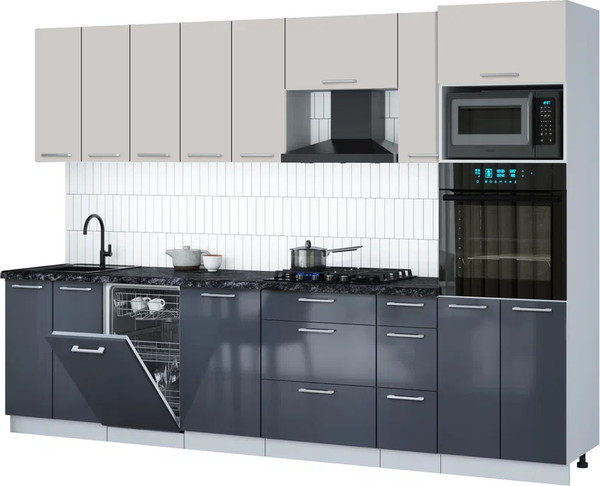 Изображение товара Кухонный гарнитур Интерлиния Мила Gloss 3.0-ПМ3 (асфальт глянец/кашемир/кастилло темный)