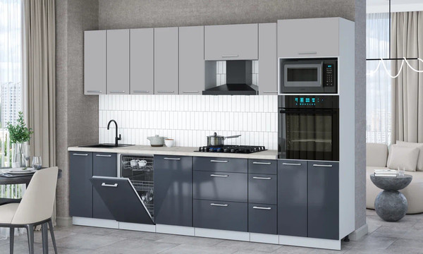 Изображение товара Кухонный гарнитур Интерлиния Мила Gloss 3.0-ПМ3 (асфальт глянец/грей/бискайская сосна)