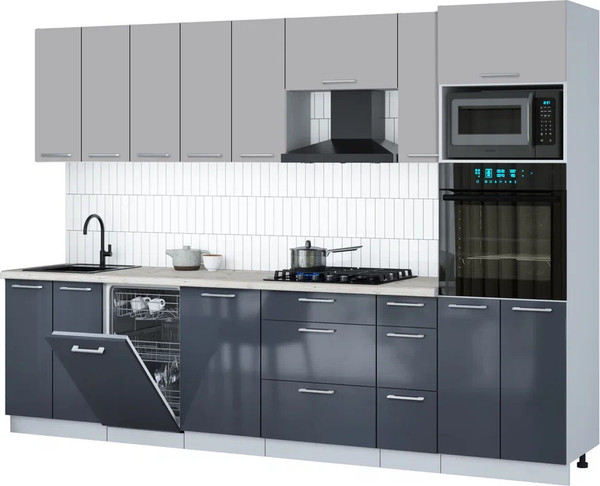 Изображение товара Кухонный гарнитур Интерлиния Мила Gloss 3.0-ПМ3 (асфальт глянец/грей/бискайская сосна)