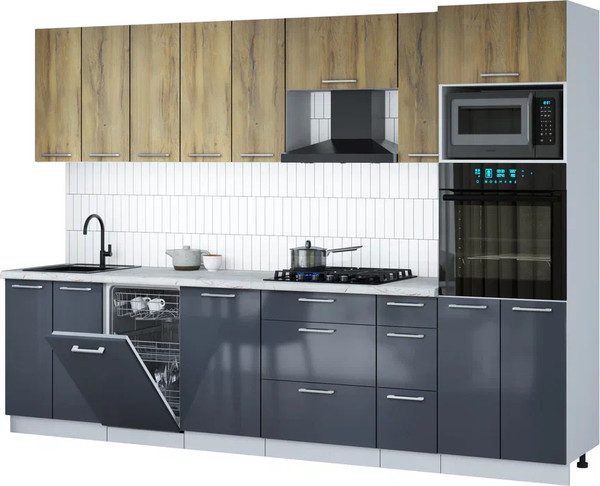 Изображение товара Кухонный гарнитур Интерлиния Мила Gloss 3.0-ПМ3 (асфальт глянец/дуб вотан/серый каспий)