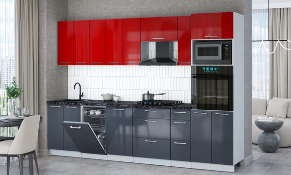 Изображение товара Кухонный гарнитур Интерлиния Мила Gloss 3.0-ПМ3 (асфальт глянец/красный глянец/кастилло темный)