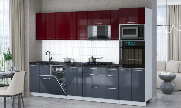 Изображение товара Кухонный гарнитур Интерлиния Мила Gloss 3.0-ПМ3 (асфальт глянец/бордовый глянец/кастилло темный)