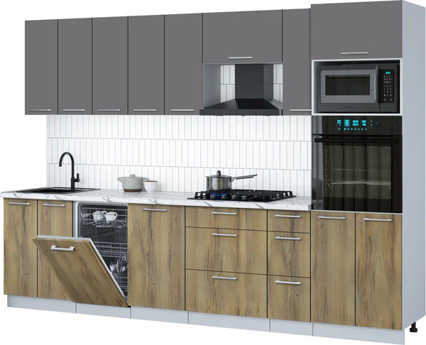 Изображение товара Кухонный гарнитур Интерлиния Мила Gloss 3.0-ПМ3 (дуб вотан/серый/белый гранит)