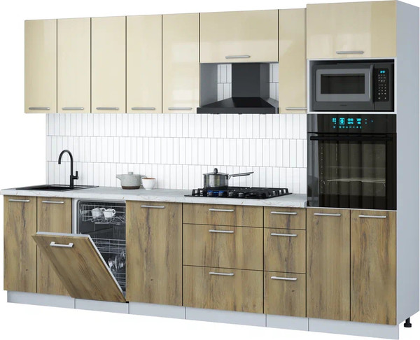 Изображение товара Кухонный гарнитур Интерлиния Мила Gloss 3.0-ПМ3 (дуб вотан/ваниль глянец/серый каспий)