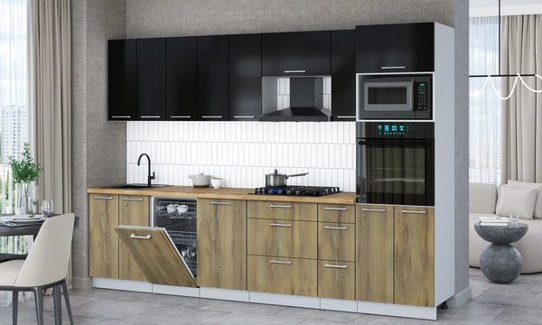 Изображение товара Кухонный гарнитур Интерлиния Мила Gloss 3.0-ПМ3 (дуб вотан/черный глянец/дуб бунратти)