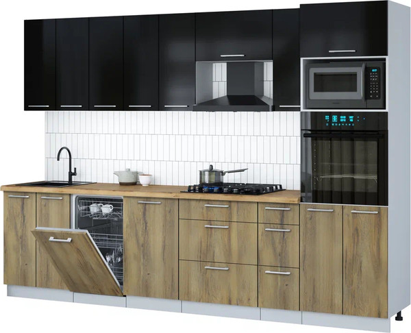 Изображение товара Кухонный гарнитур Интерлиния Мила Gloss 3.0-ПМ3 (дуб вотан/черный глянец/дуб бунратти)