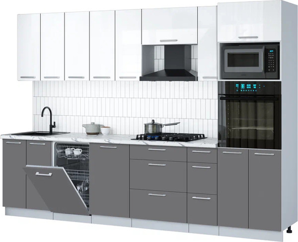 Изображение товара Кухонный гарнитур Интерлиния Мила Gloss 3.0-ПМ3 (серый/белый глянец/белый гранит)