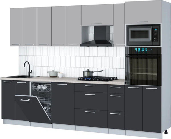 Изображение товара Кухонный гарнитур Интерлиния Мила Gloss 3.0-ПМ3 (пепел/грей/травертин серый)