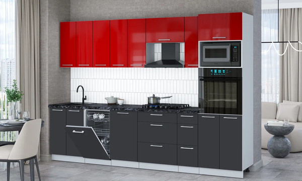 Изображение товара Кухонный гарнитур Интерлиния Мила Gloss 3.0-ПМ3 (пепел/красный глянец/кастилло темный)