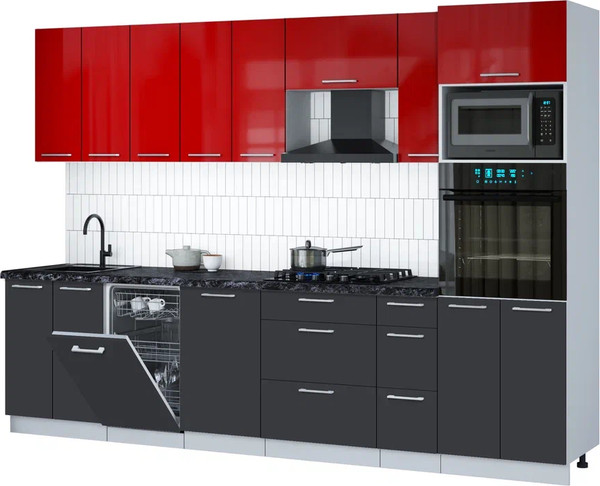 Изображение товара Кухонный гарнитур Интерлиния Мила Gloss 3.0-ПМ3 (пепел/красный глянец/кастилло темный)