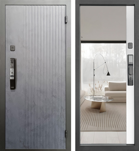 Изображение товара Входная дверь Промет Рона Смарт 86x205 (правая, бетон графит/зеркало/черный муар)