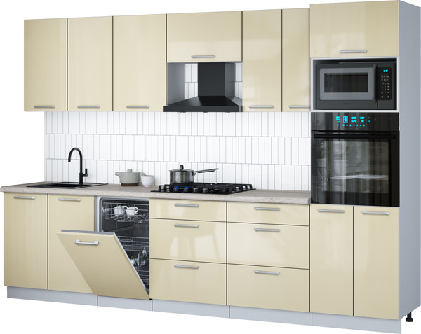 Изображение товара Кухонный гарнитур Интерлиния Мила Gloss 3.05-ПМ3 (ваниль глянец/ваниль глянец/травертин серый)