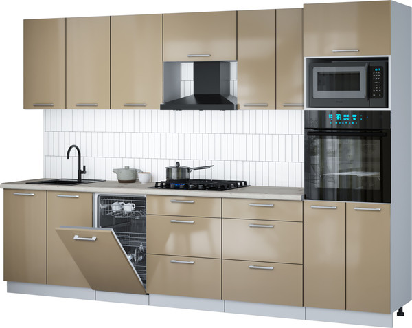 Изображение товара Кухонный гарнитур Интерлиния Мила Gloss 3.05-ПМ3 (капучино глянец/капучино глянец/бискайская сосна)