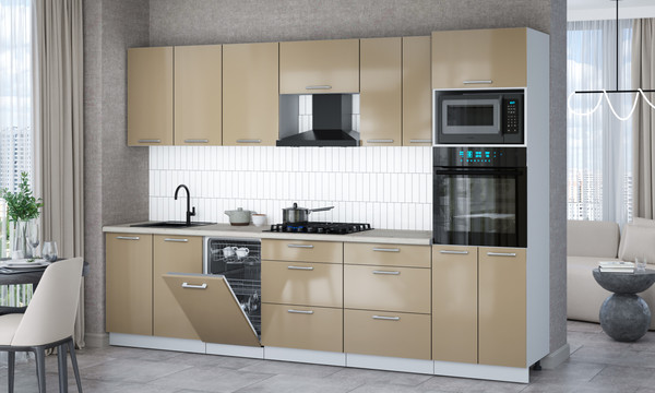 Изображение товара Кухонный гарнитур Интерлиния Мила Gloss 3.05-ПМ3 (капучино глянец/капучино глянец/бискайская сосна)