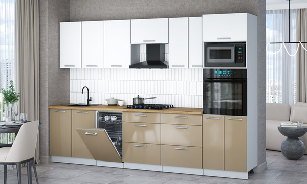 Изображение товара Кухонный гарнитур Интерлиния Мила Gloss 3.05-ПМ3 (капучино глянец/белый/дуб бунратти)