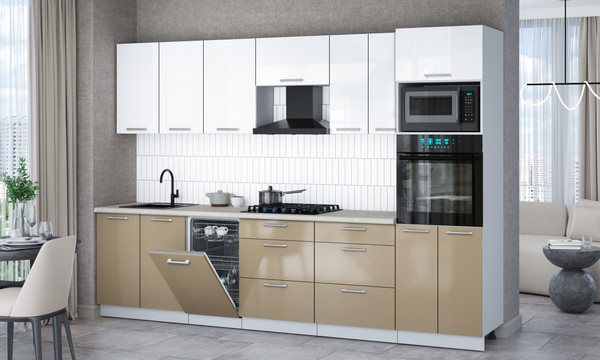 Изображение товара Кухонный гарнитур Интерлиния Мила Gloss 3.05-ПМ3 (капучино глянец/белый глянец/опал светлый)