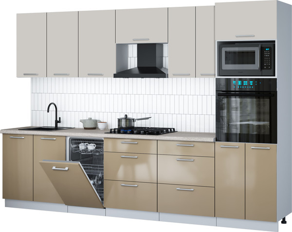 Изображение товара Кухонный гарнитур Интерлиния Мила Gloss 3.05-ПМ3 (капучино глянец/кашемир/травертин серый)