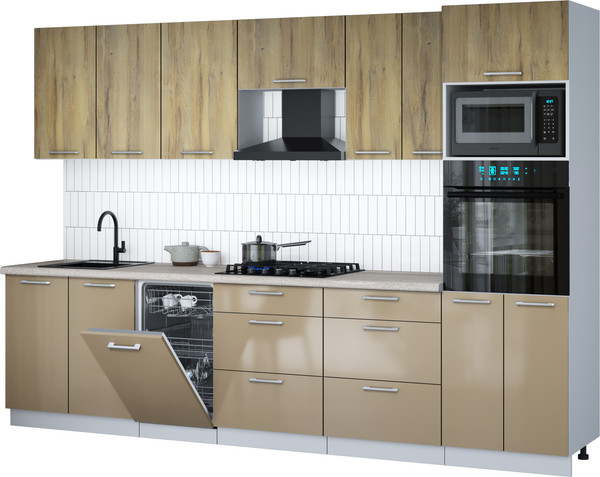 Изображение товара Кухонный гарнитур Интерлиния Мила Gloss 3.05-ПМ3 (капучино глянец/дуб вотан/серый каспий)