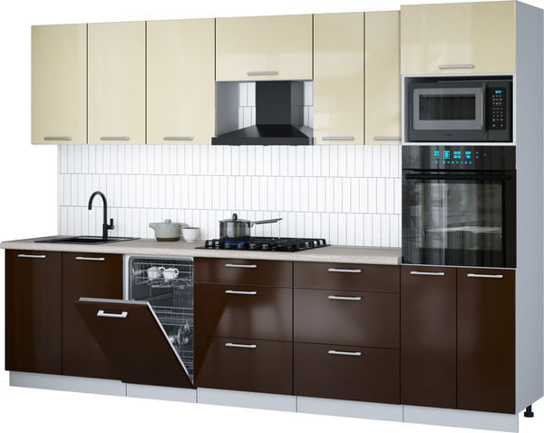 Изображение товара Кухонный гарнитур Интерлиния Мила Gloss 3.05-ПМ3 (шоколад глянец/ваниль глянец/травертин серый)