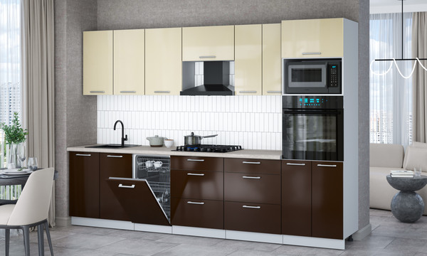 Изображение товара Кухонный гарнитур Интерлиния Мила Gloss 3.05-ПМ3 (шоколад глянец/ваниль глянец/травертин серый)