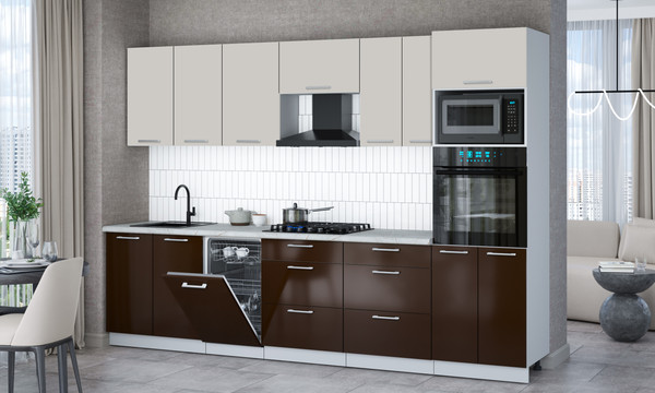Изображение товара Кухонный гарнитур Интерлиния Мила Gloss 3.05-ПМ3 (шоколад глянец/кашемир/серый каспий)