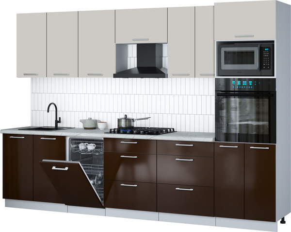 Изображение товара Кухонный гарнитур Интерлиния Мила Gloss 3.05-ПМ3 (шоколад глянец/кашемир/серый каспий)