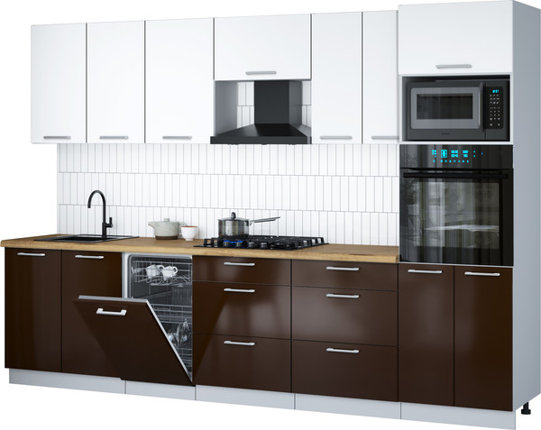 Изображение товара Кухонный гарнитур Интерлиния Мила Gloss 3.05-ПМ3 (шоколад глянец/белый/дуб бунратти)