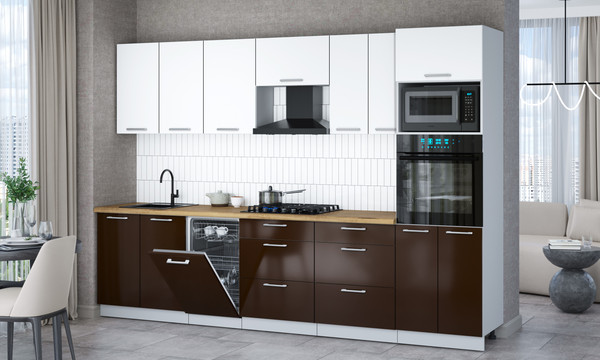 Изображение товара Кухонный гарнитур Интерлиния Мила Gloss 3.05-ПМ3 (шоколад глянец/белый/дуб бунратти)