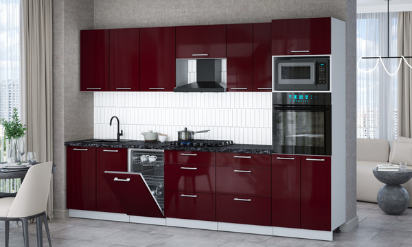 Изображение товара Кухонный гарнитур Интерлиния Мила Gloss 3.05-ПМ3 (бордовый глянец/бордовый глянец/кастилло темный)