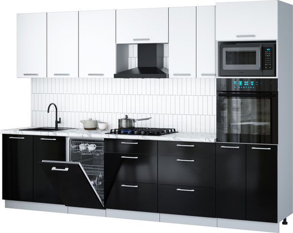 Изображение товара Кухонный гарнитур Интерлиния Мила Gloss 3.05-ПМ3 (черный глянец/белый/белый гранит)