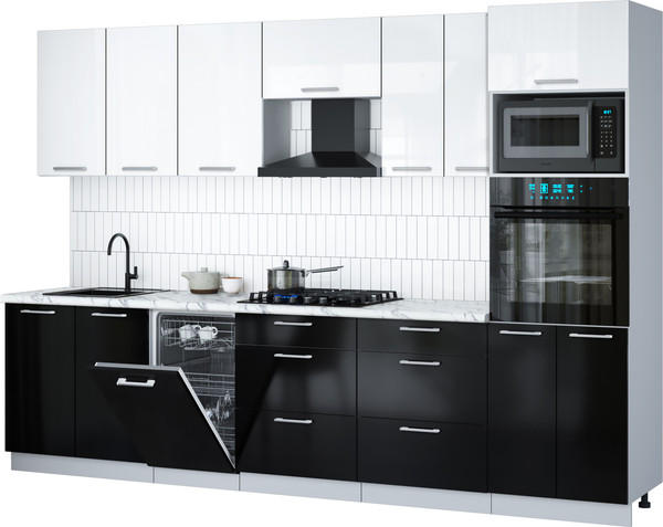 Изображение товара Кухонный гарнитур Интерлиния Мила Gloss 3.05-ПМ3 (черный глянец/белый глянец/белый гранит)