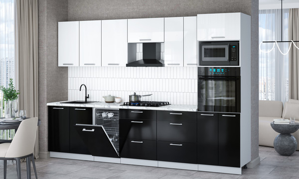 Изображение товара Кухонный гарнитур Интерлиния Мила Gloss 3.05-ПМ3 (черный глянец/белый глянец/белый гранит)