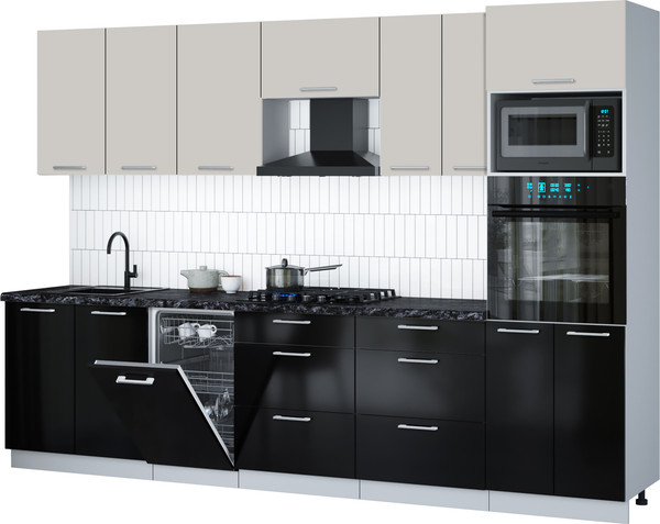 Изображение товара Кухонный гарнитур Интерлиния Мила Gloss 3.05-ПМ3 (черный глянец/кашемир/кастилло темный)