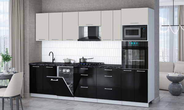 Изображение товара Кухонный гарнитур Интерлиния Мила Gloss 3.05-ПМ3 (черный глянец/кашемир/кастилло темный)