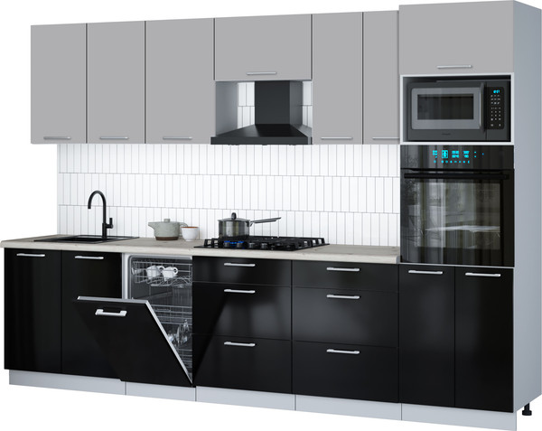 Изображение товара Кухонный гарнитур Интерлиния Мила Gloss 3.05-ПМ3 (черный глянец/грей/бискайская сосна)