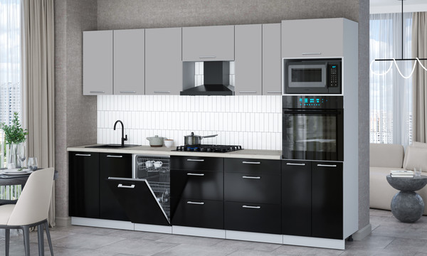 Изображение товара Кухонный гарнитур Интерлиния Мила Gloss 3.05-ПМ3 (черный глянец/грей/бискайская сосна)