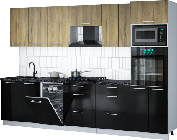 Изображение товара Кухонный гарнитур Интерлиния Мила Gloss 3.05-ПМ3 (черный глянец/дуб вотан/кастилло темный)
