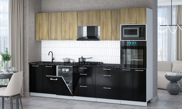 Изображение товара Кухонный гарнитур Интерлиния Мила Gloss 3.05-ПМ3 (черный глянец/дуб вотан/кастилло темный)