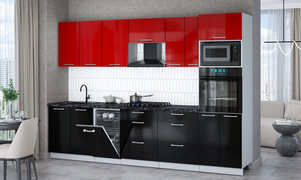 Изображение товара Кухонный гарнитур Интерлиния Мила Gloss 3.05-ПМ3 (черный глянец/красный глянец/кастилло темный)