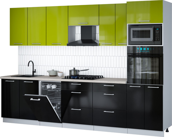 Изображение товара Кухонный гарнитур Интерлиния Мила Gloss 3.05-ПМ3 (черный глянец/яблоко глянец/травертин серый)