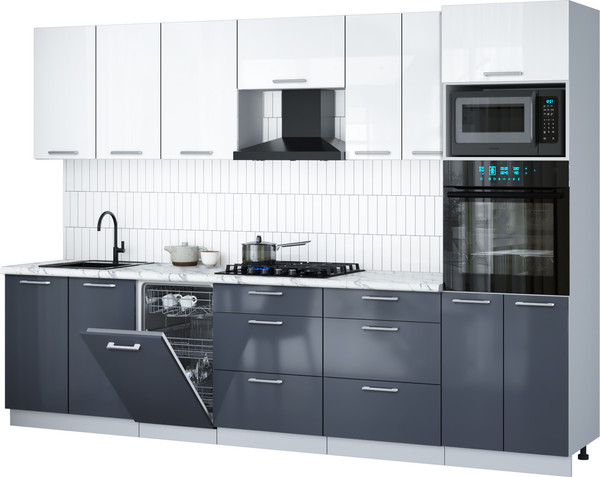 Изображение товара Кухонный гарнитур Интерлиния Мила Gloss 3.05-ПМ3 (асфальт глянец/белый глянец/белый гранит)